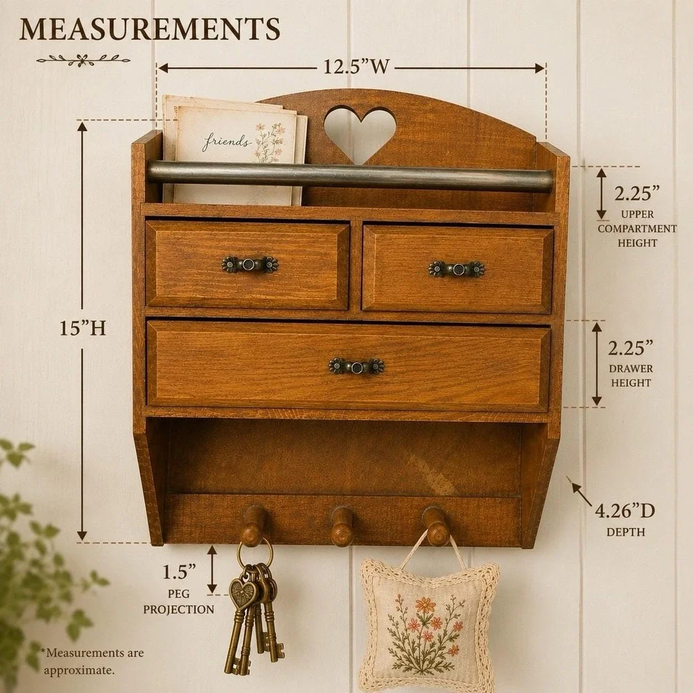 Vintage Solid Wood Heart Cutout Wall Shelf 3 Pegs Handmade Rustic Farm Cottage
